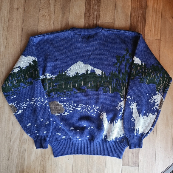 VTG Street Wear All Over Print Sweater Fishing Mountains Campus Size Large - Picture 3 of 7